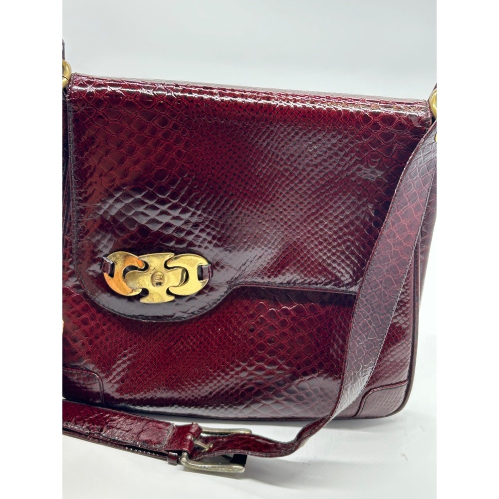 Vtg 70s Etienne AIGNER Cordovan Red Snake Embossed‎ Patent Leather Bag Handbag - Picture 6 of 12